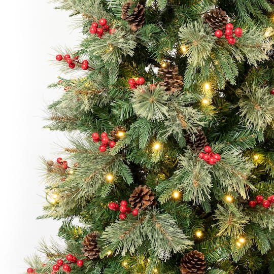 6ft. Pre-Lit Feel-Real® Virginia Pine Slim Artificial Christmas Tree with Berries & Pinecones, Warm White LED Lights
